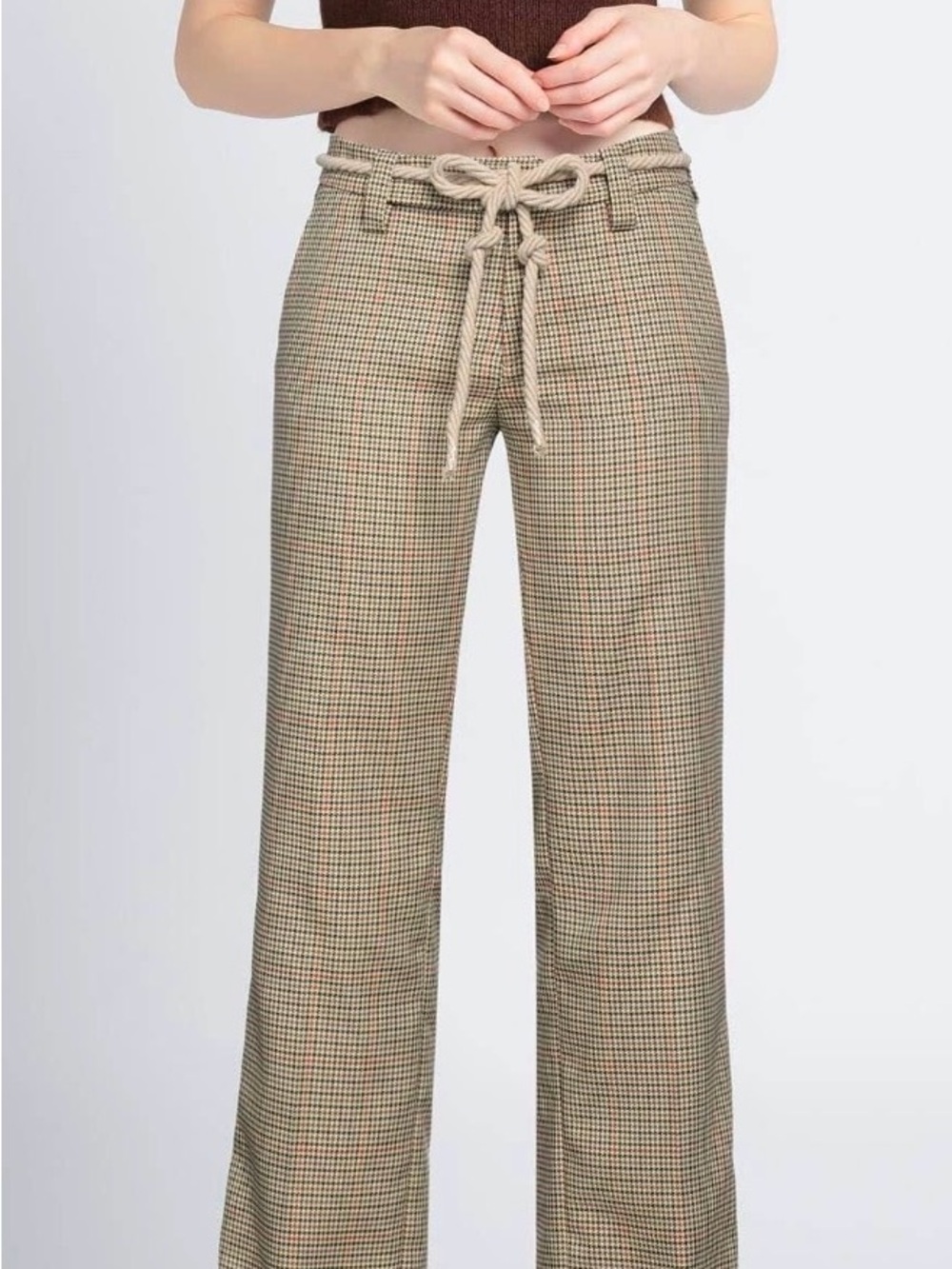 High-Rise Beige Plaid Wide-Leg Pants with Drawstring Waist